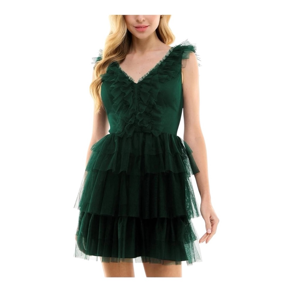 CITY STUDIO Juniors Tulle Mesh Ruffle Dark Fairy Cocktail Party Green Mini Dress